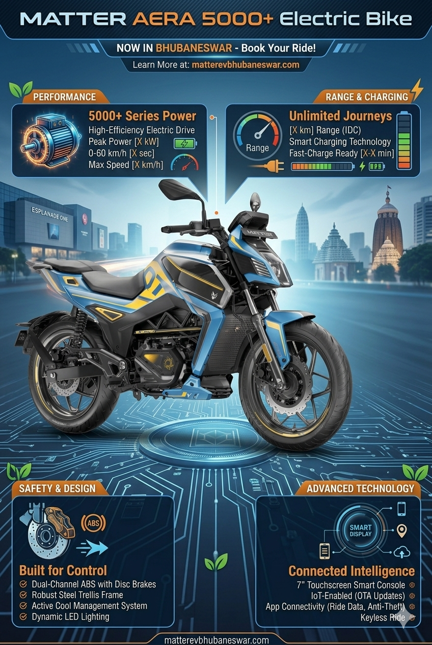 Promotional poster of a futuristic blue electric motorcycle labeled “Matter AERA 5000+ Electric Bike,” showcased against a modern city backdrop. The design highlights performance, range, safety, and smart technology features with icons and text, including ABS brakes, smart display, fast charging, and connected app capabilities.