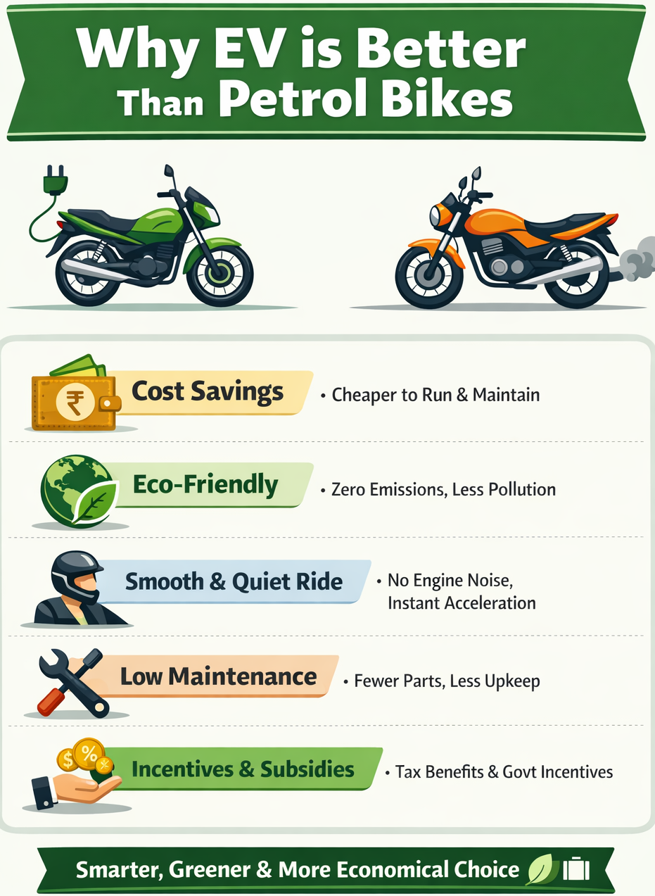Infographic comparing electric bikes and petrol bikes highlighting cost savings, eco-friendliness, low maintenance, smooth ride, and government incentives.