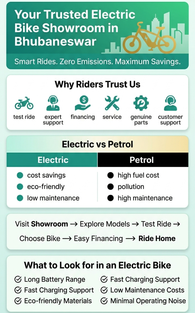 Informational poster promoting an electric bike showroom in Bhubaneswar with a green-themed design. It highlights benefits such as test rides, expert support, financing, service, genuine parts, and customer support. A comparison section shows electric bikes as cost-saving, eco-friendly, and low maintenance versus petrol bikes with high fuel cost, pollution, and higher maintenance. Additional sections outline the buying process and key features to look for in an electric bike, including long battery range and fast charging.